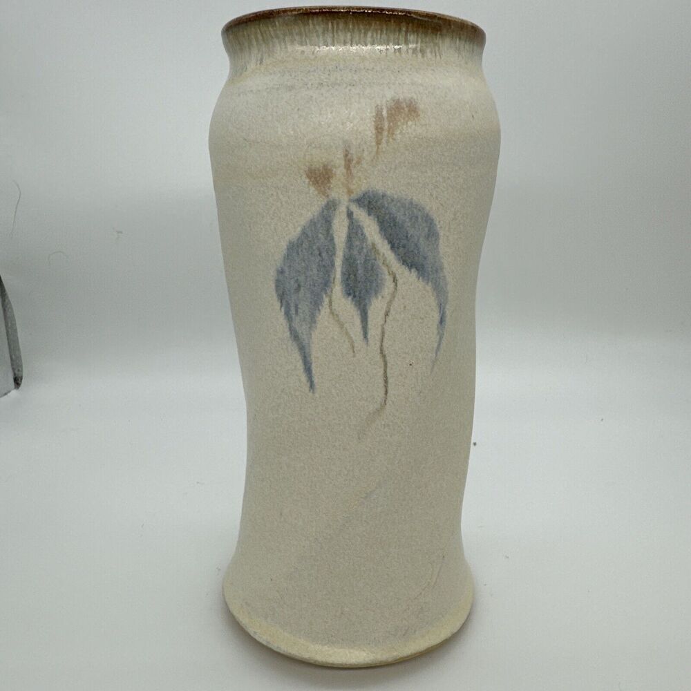 Handmade Ceramic Vase Abstract Blue Leaf Design Rustic Earth Tone Table Decor